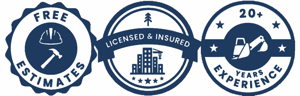 Construction badges showing free estimates, licensed and insured, and over 20 years of experience