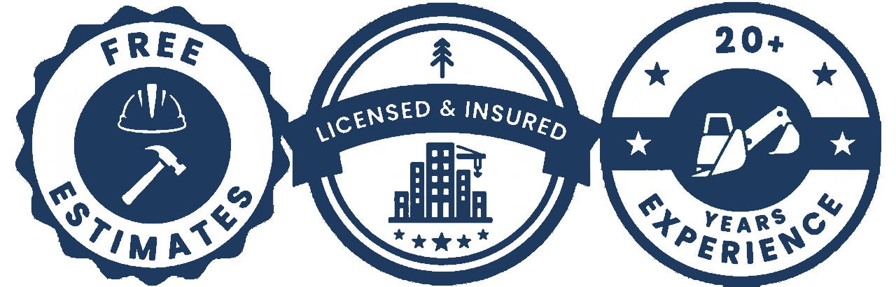 Construction badges showing free estimates, licensed and insured, and over 20 years of experience